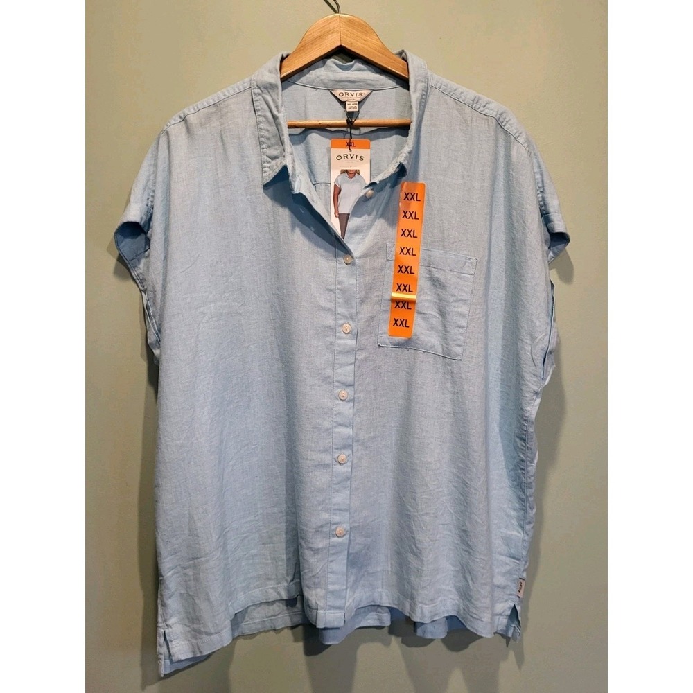 New Aqua Blue Linen Blend Boxy Oversized Button Up Shirt Orvis Sz 2X